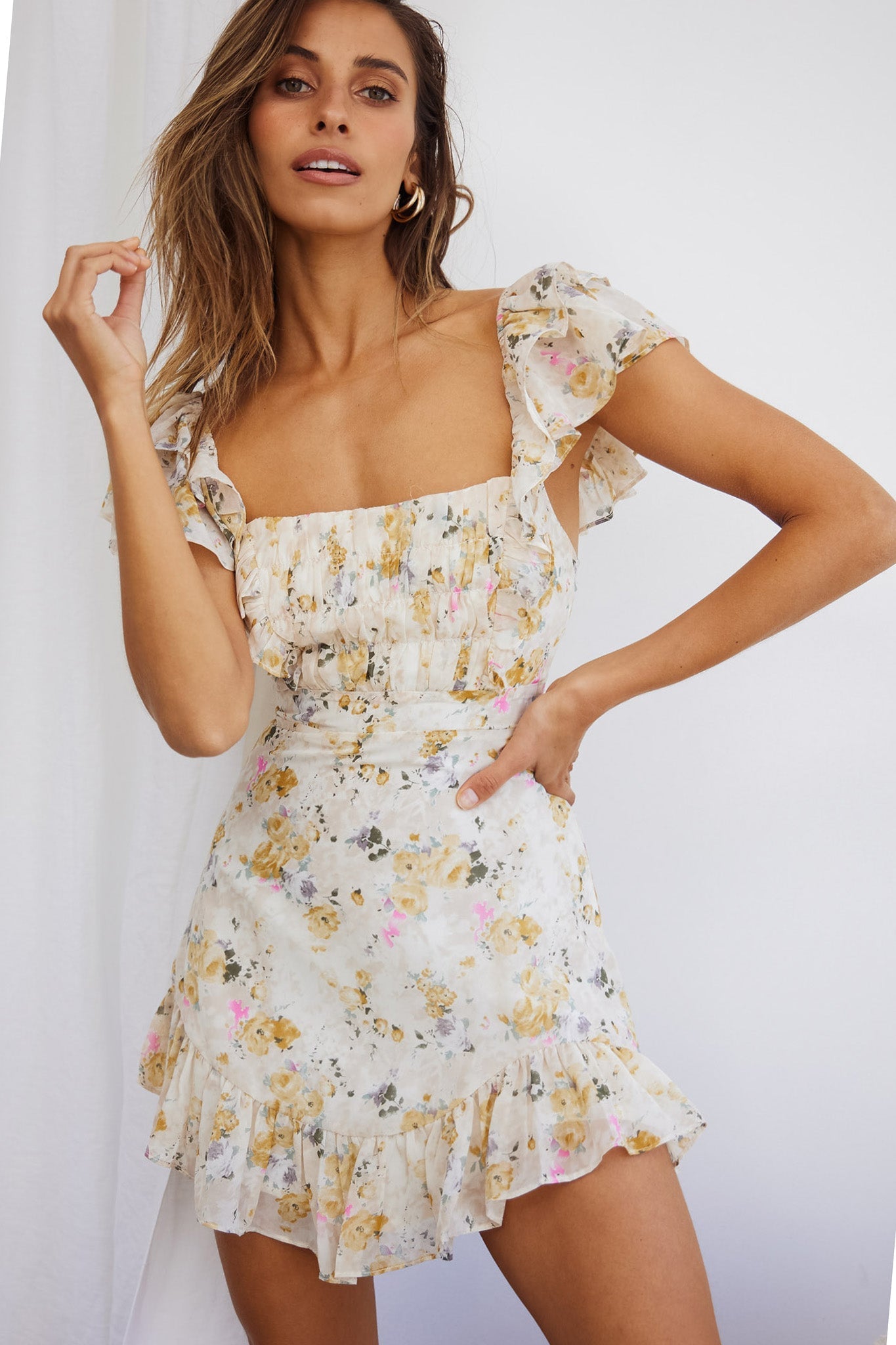 Lazy Sunday Frill Shoulder Tie-Up Back Dress Floral Print Beige