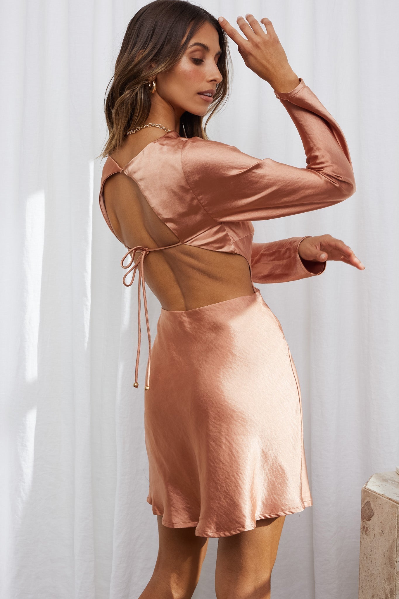 Northern Lights Long Sleeve Open Back Satin Mini Dress Bronze