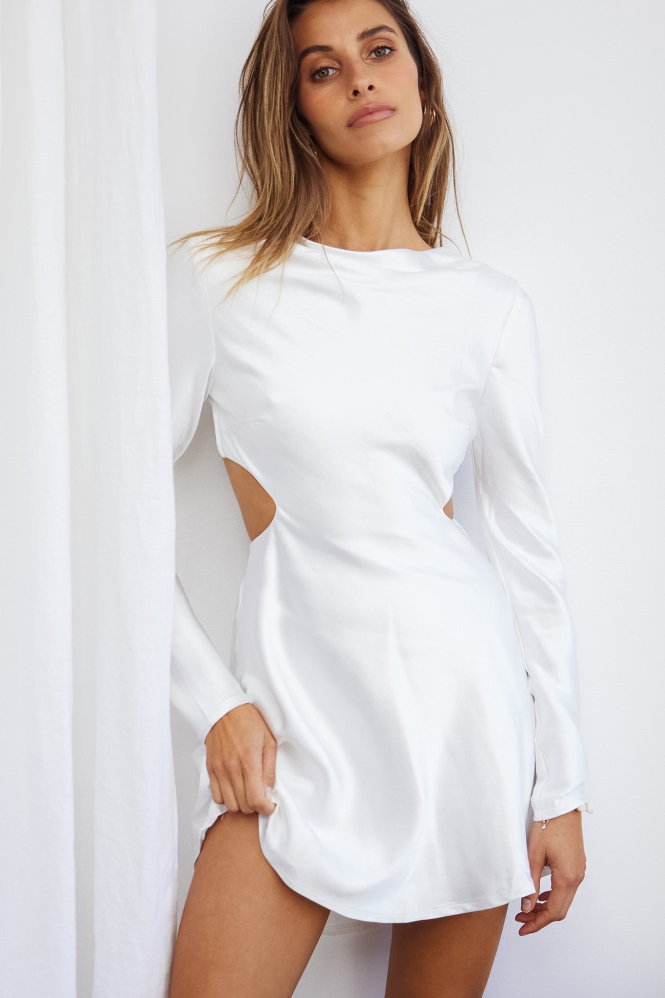Northern Lights Long Sleeve Open Back Satin Mini Dress Ivory