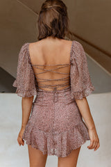 Napa Valley Flounce Hem Tie-Up Back Mini Dress Animal Print Pink