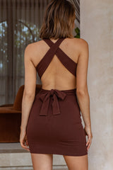 Georgia Peach Criss-Cross Back Ribbed Bodycon Mini Dress Chocolate