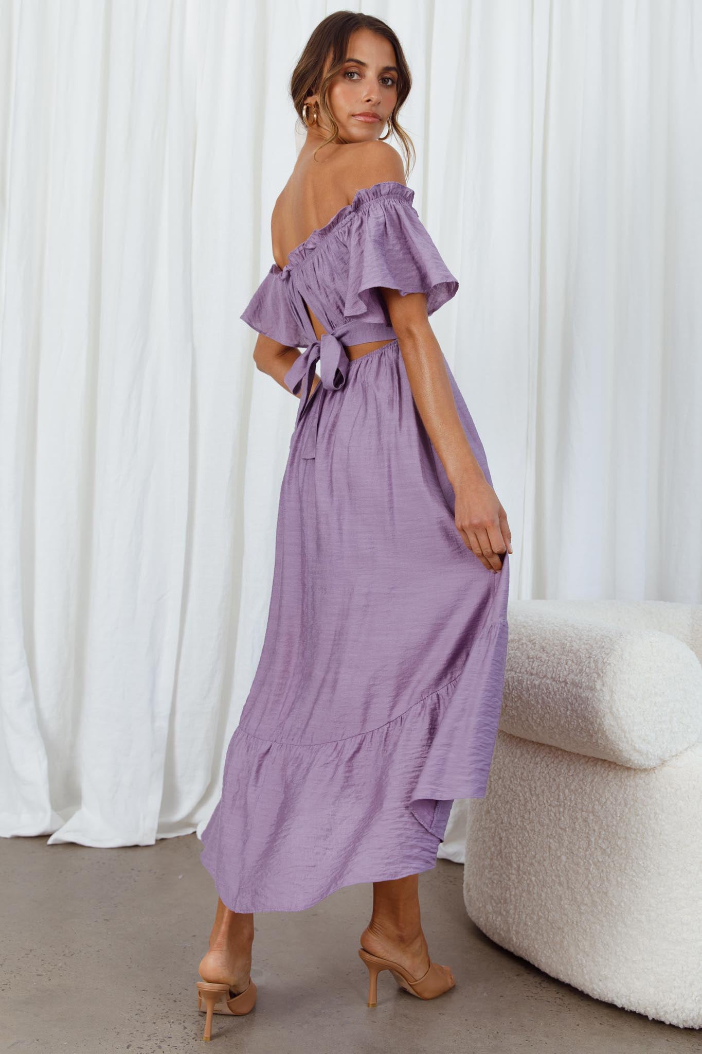 Dandelion Off-Shoulder Tied Back Midi Dress Purple