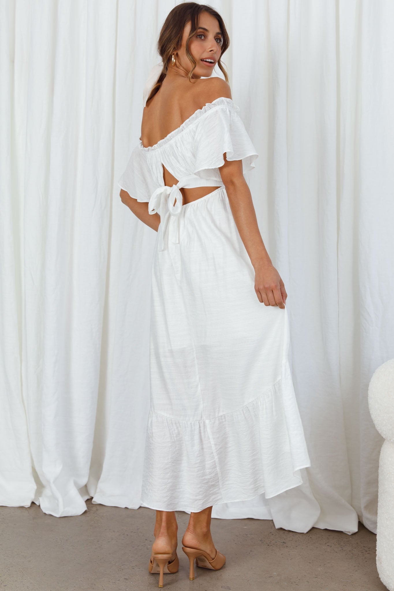 Dandelion Off-Shoulder Tied Back Midi Dress White