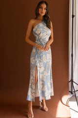 Casa Del Mar One-Shoulder Ruched Midi Dress Floral Blue