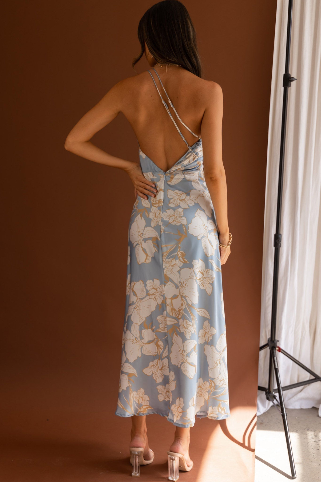 Casa Del Mar One-Shoulder Ruched Midi Dress Floral Blue