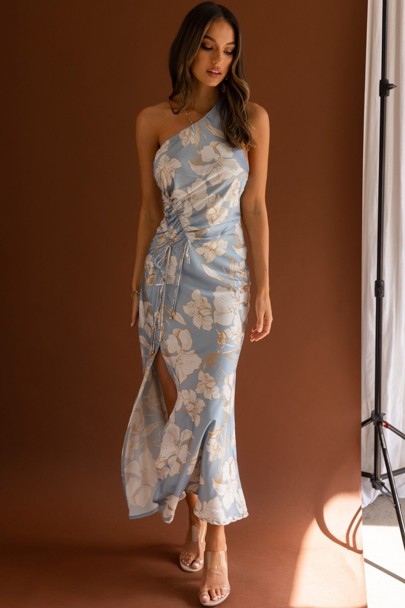 Casa Del Mar One-Shoulder Ruched Midi Dress Floral Blue