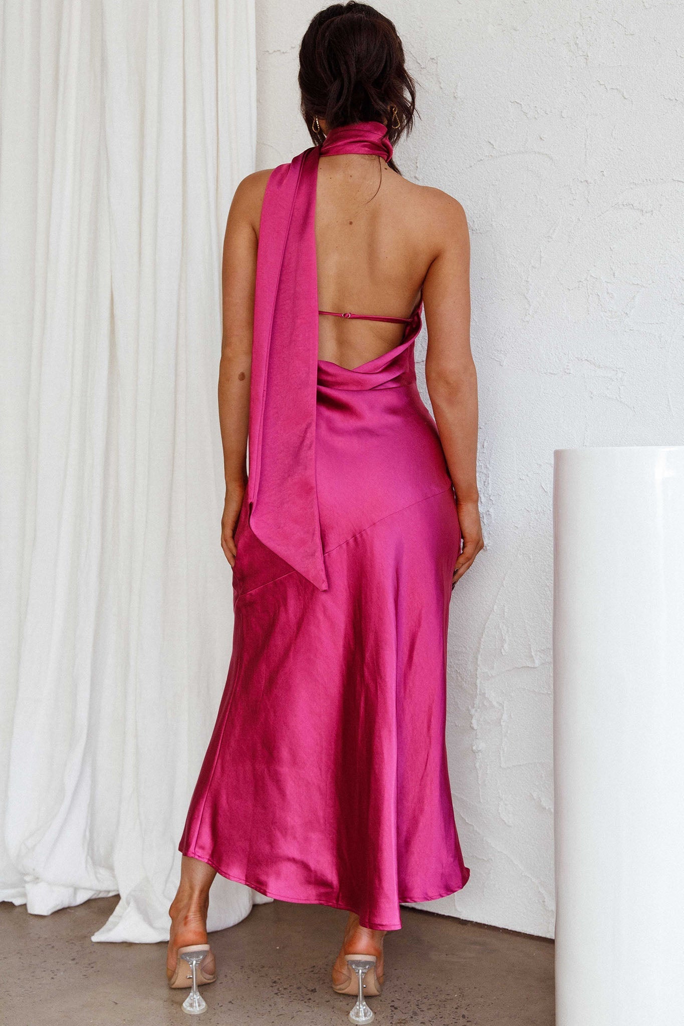 Italian Summer Tie Neck Midi Dress Fuchsia