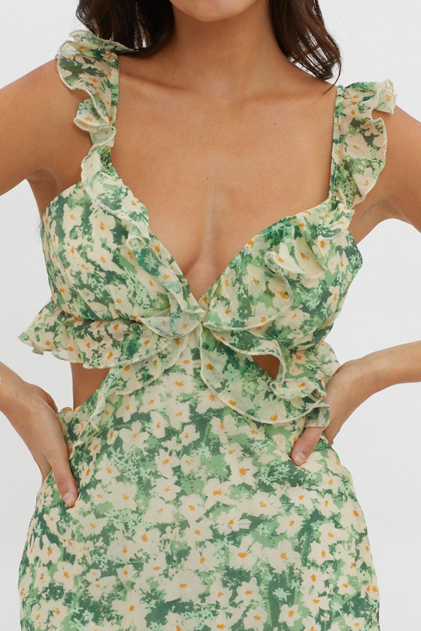 Second Chances Ruffle Trim Maxi Dress Flowers Green