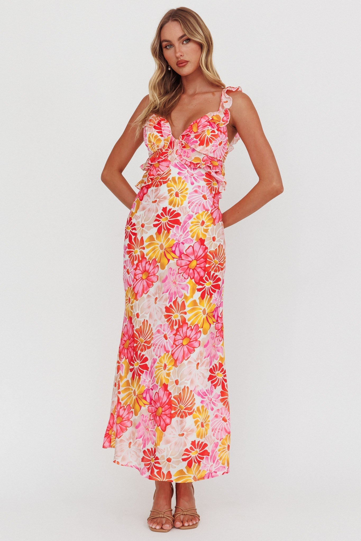 Second Chances Ruffle Trim Maxi Dress Flower Pink