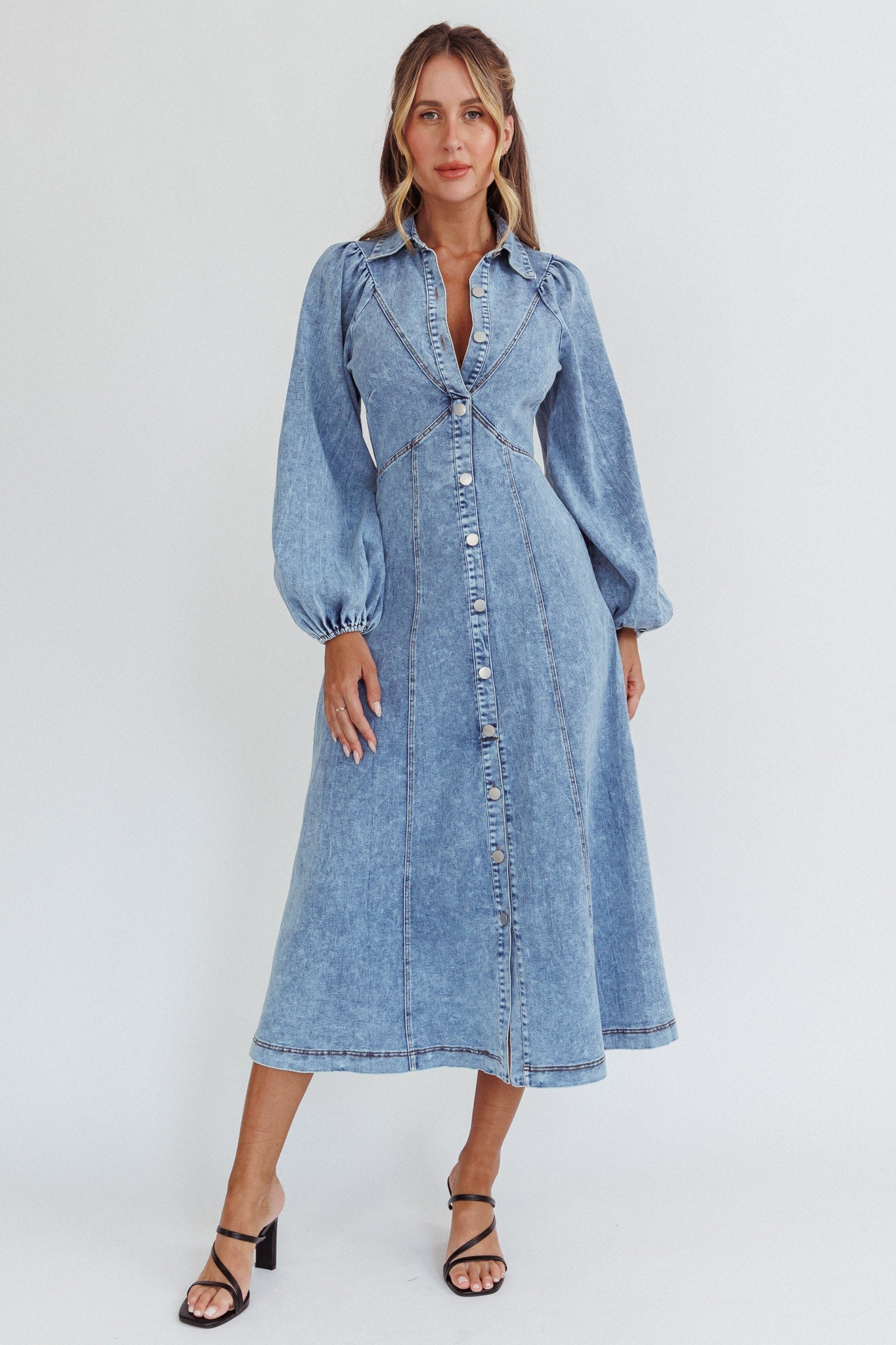 Ania Long Balloon Style Midi Dress Denim Blue