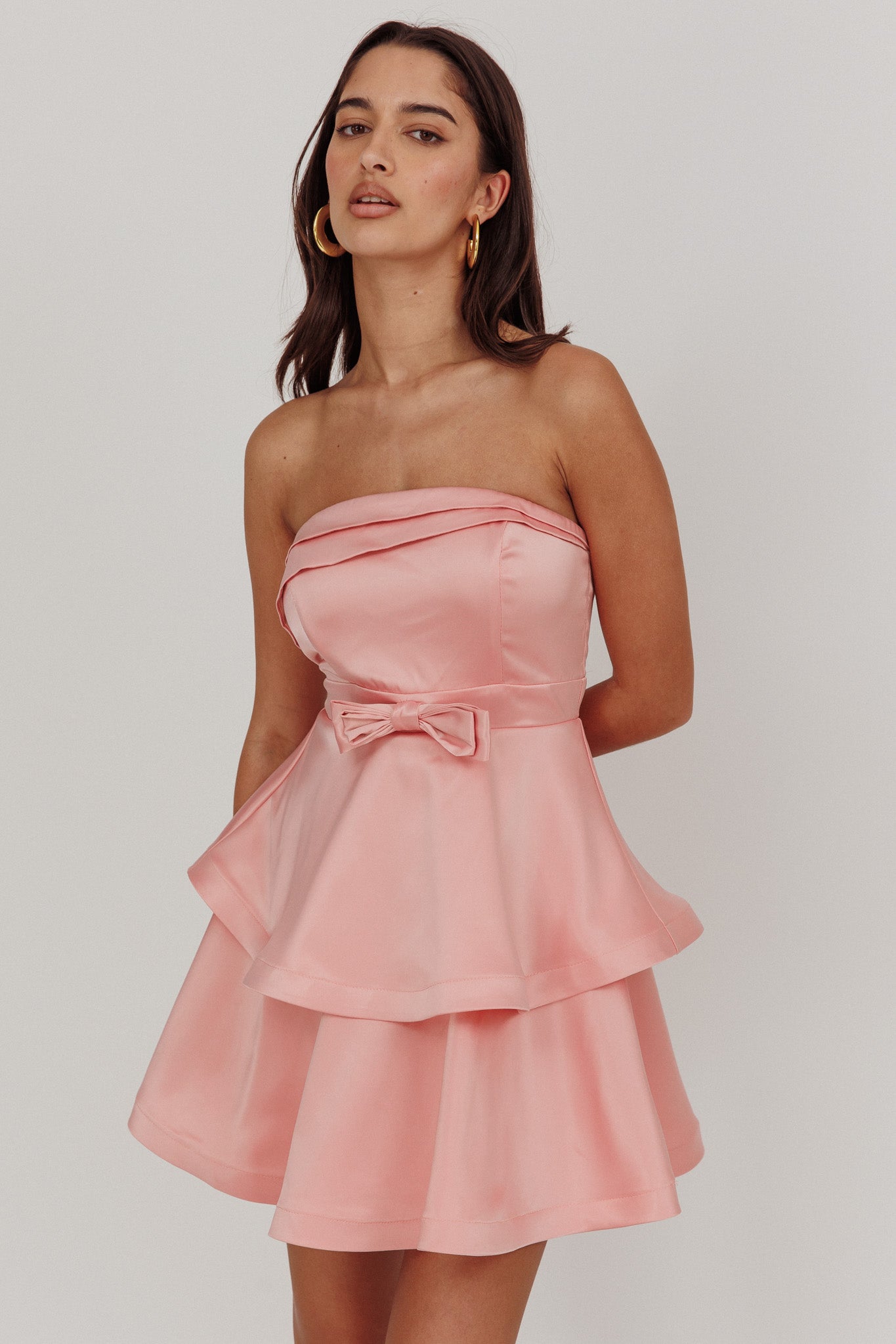 Alix Strapless Tiered Ruffle Mini Dress Rose Pink