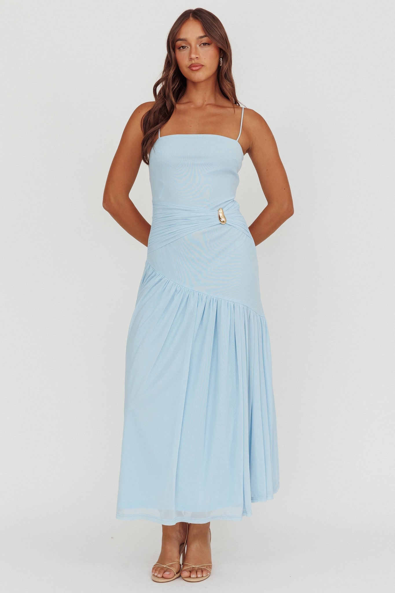 Azure Sun Drop Waist Split Maxi Dress Light Blue