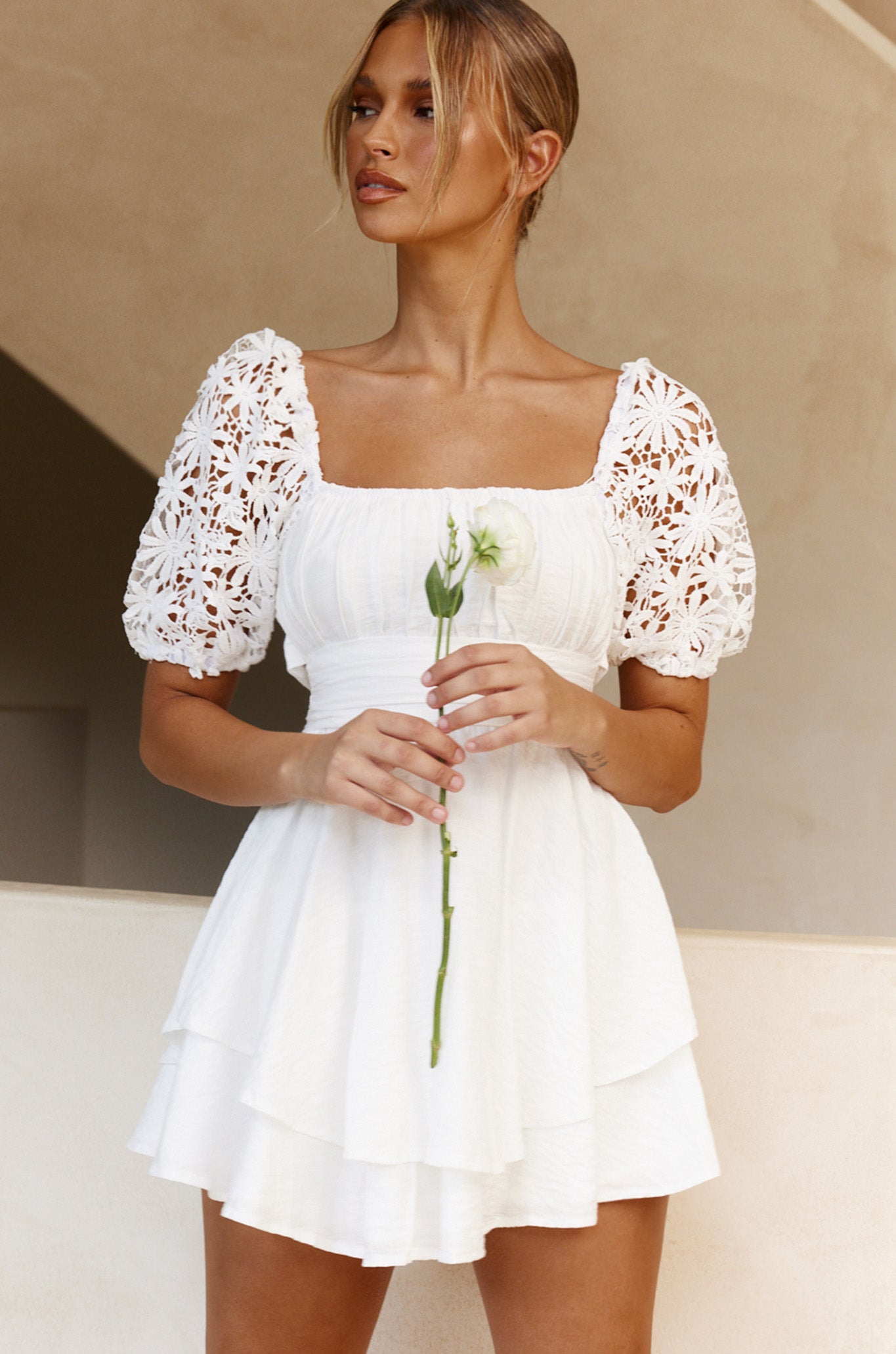 Abby Lace Puff Sleeve Tie-Up Back Dress White