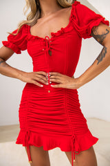 La Quinta Lace-Up Bust Drawstring Detail Mini Dress Red