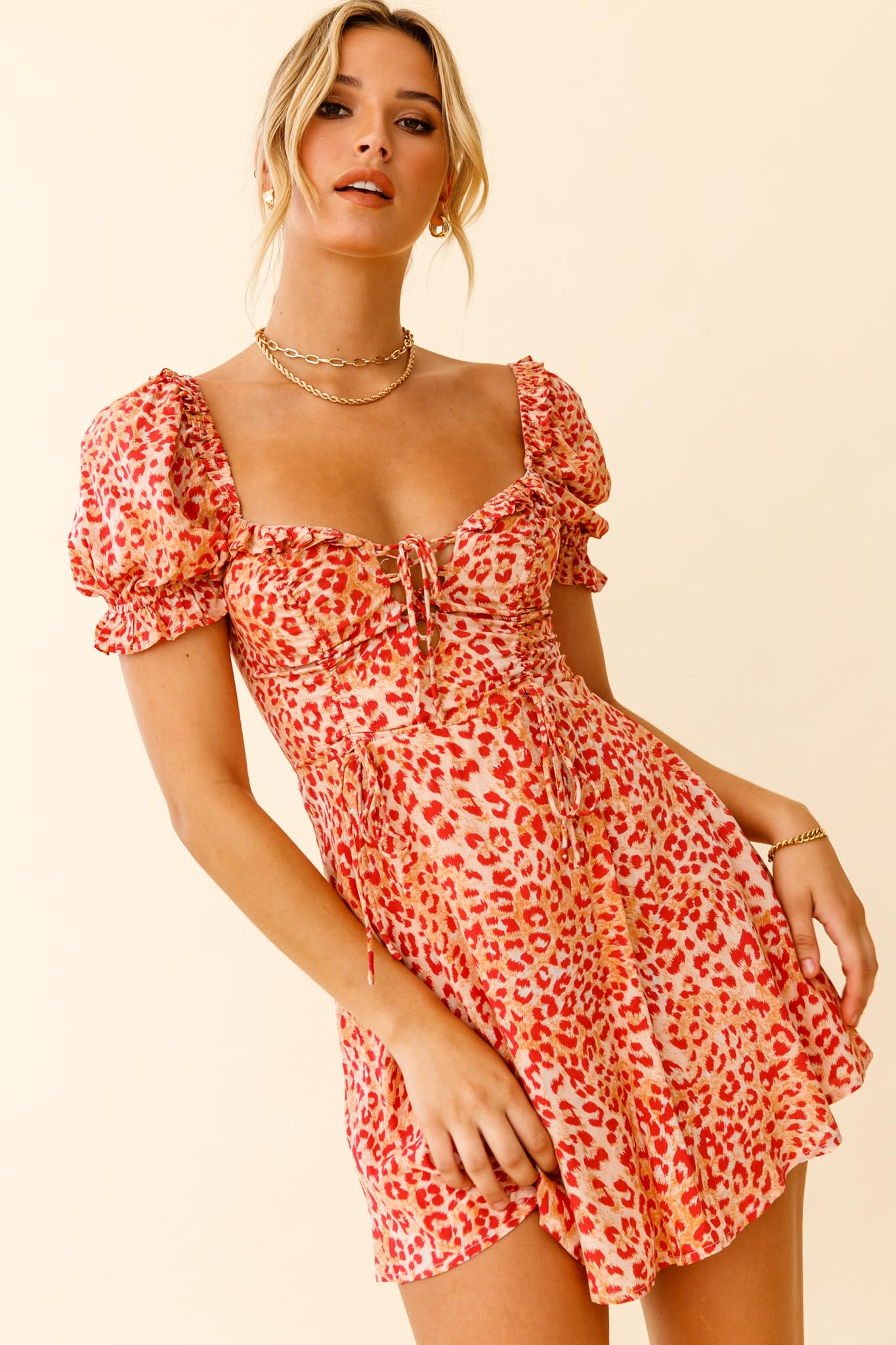 La Quinta Lace-Up Bust Drawstring Detail A-Line Dress Leopard Print Orange