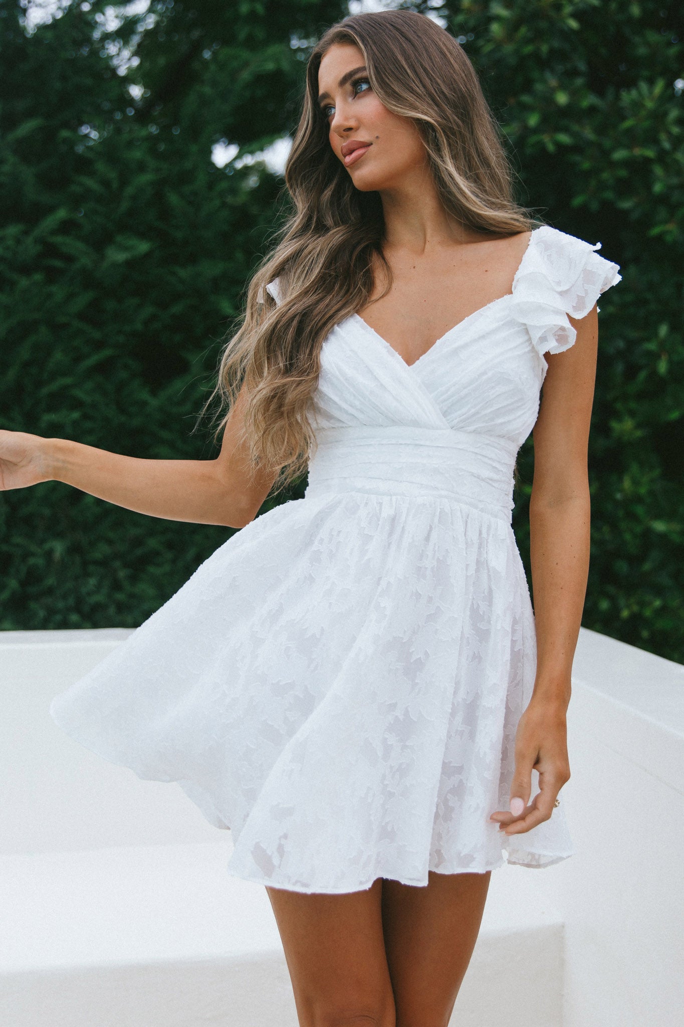 Lola Ruffle Shoulder Ruched Dress Textured White