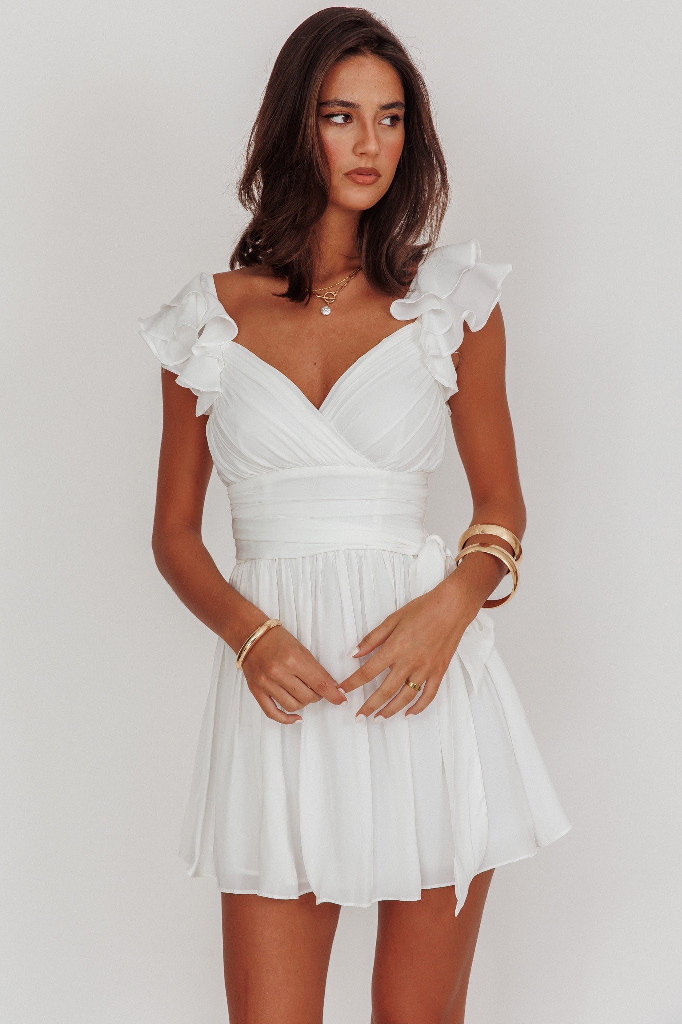 Lola Ruffle Shoulder Ruched Dress White
