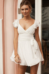 Lola Ruffle Shoulder Ruched Dress White