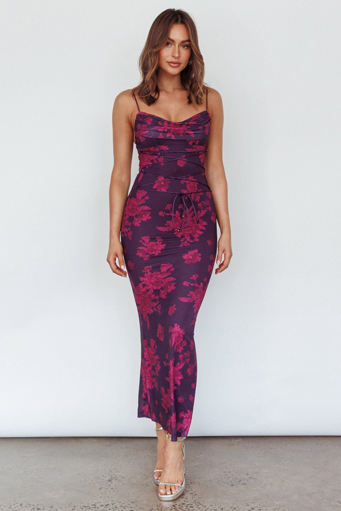 Teava Laced Waist Maxi Dress Floral Grape