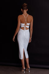 Goodnight Kiss Strappy Back Embellished Midi Dress Ivory