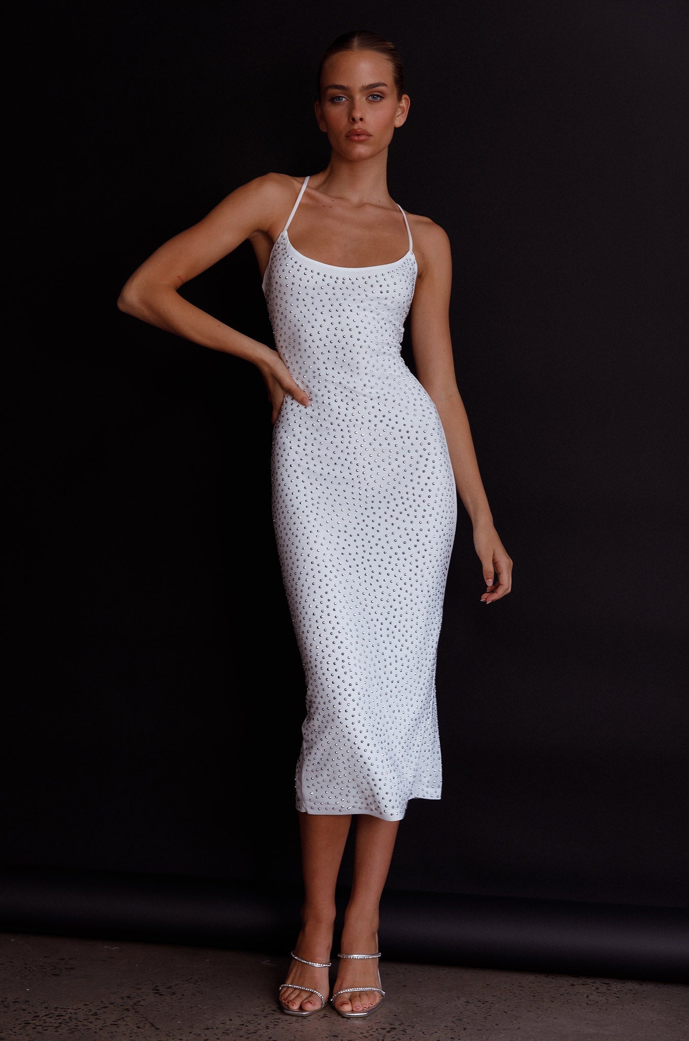 Goodnight Kiss Strappy Back Embellished Midi Dress Ivory