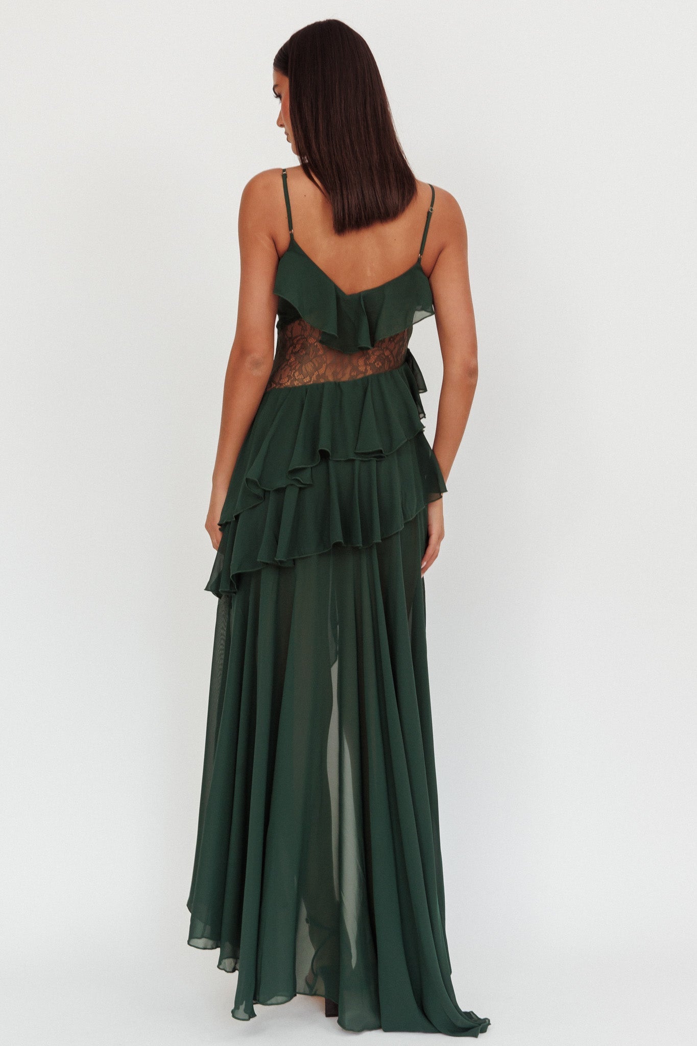 Amaretto Lace Waist Ruffle Maxi Dress Hunter Green