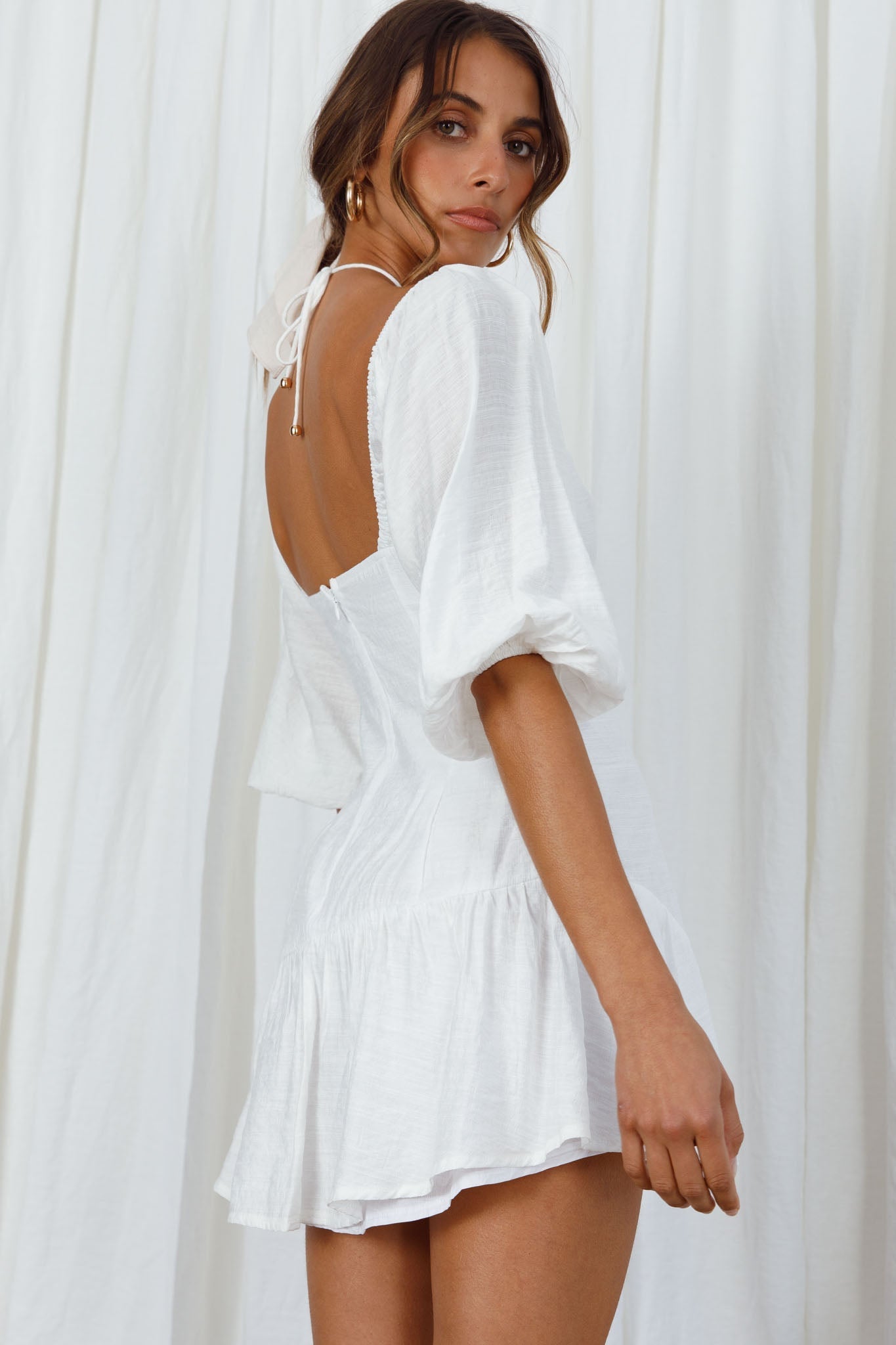 Summertime String-Tie Halterneck Puff Sleeve Mini Dress White