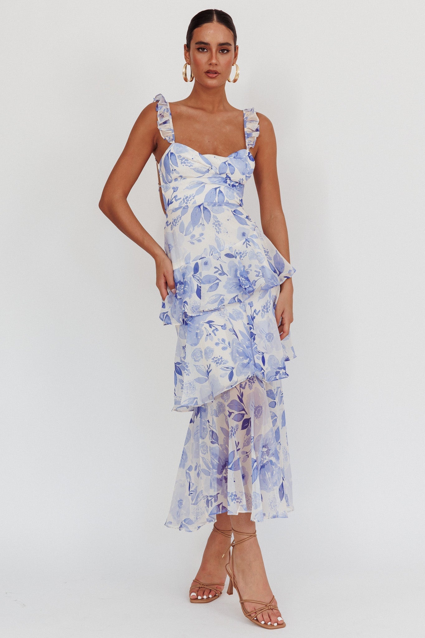 Veda Strappy Back Ruffle Maxi Dress Flowers Blue