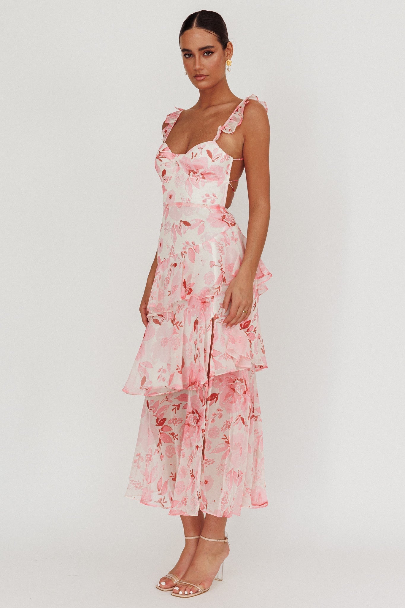 Veda Strappy Back Ruffle Maxi Dress Flowers Blush