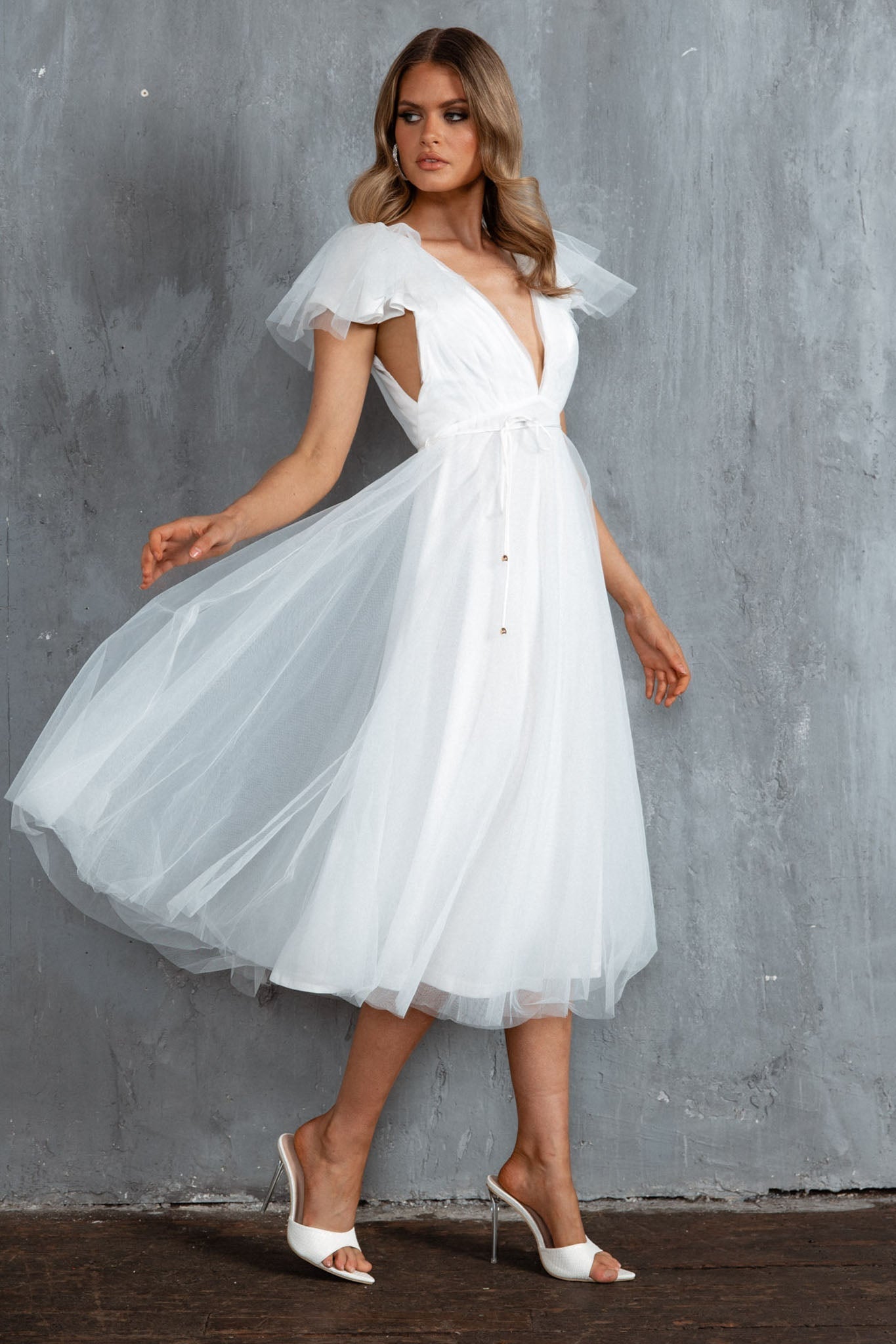 Leap Of Faith Frill Shoulder Tulle Midi Dress White