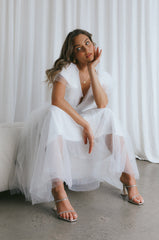 Leap Of Faith Frill Shoulder Tulle Midi Dress White