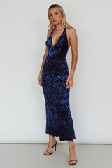 Byzantine Cowl Halterneck Midi Dress Floral Midnight Blue