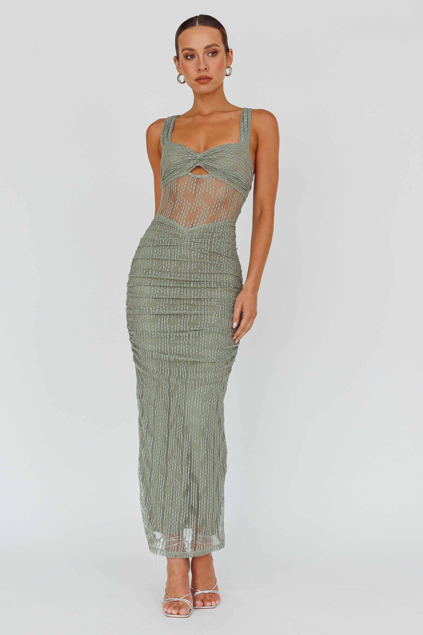 Oliana Embroidered Mesh Midi Dress Fern