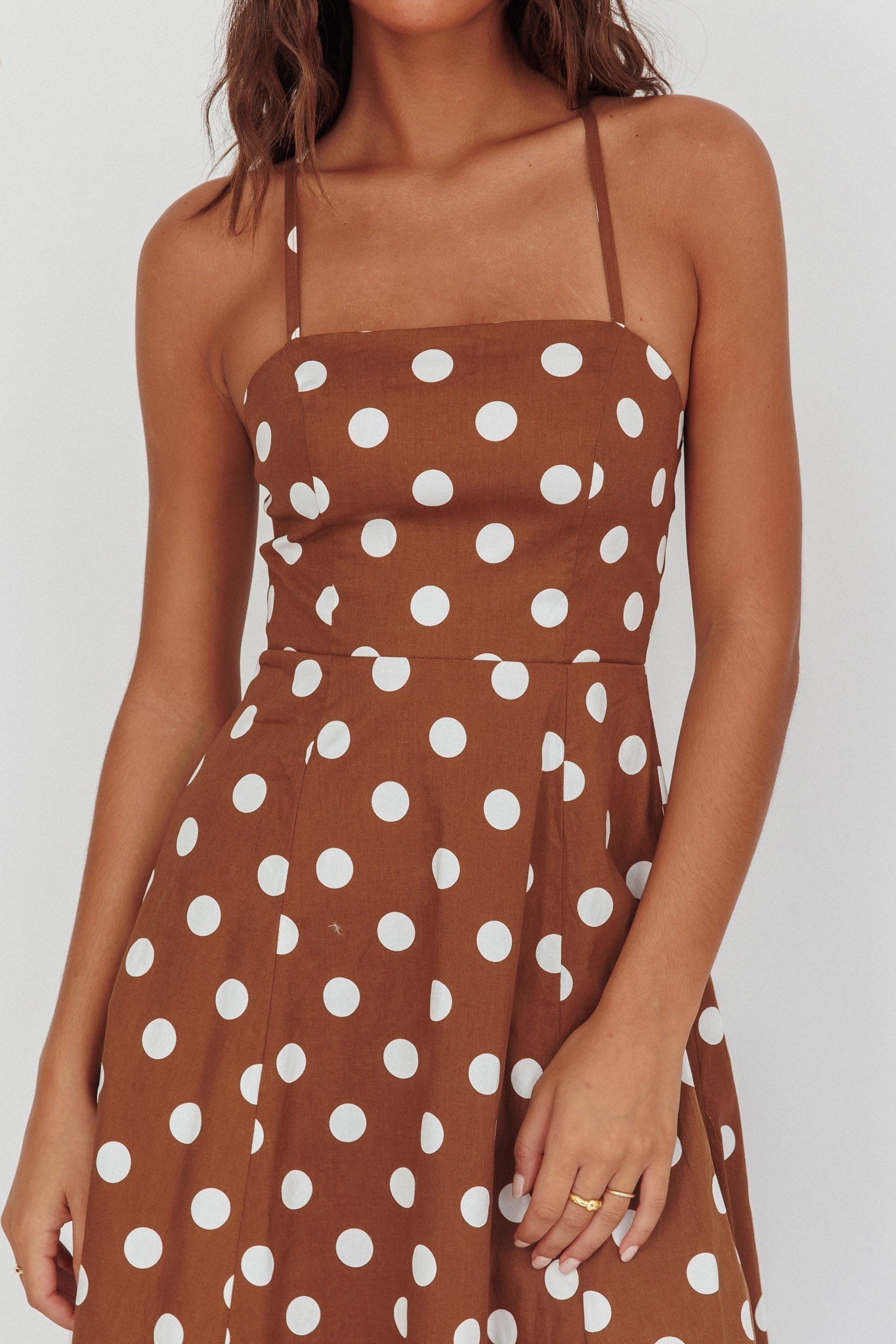 Second Glance Olga Criss-Cross Back Midi Dress Polka Dot Brown