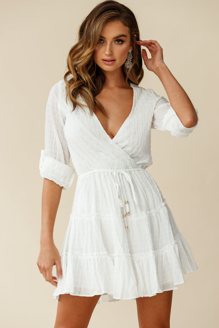 Bostyn Adjustable Sleeve Drawstring Waist Dress White
