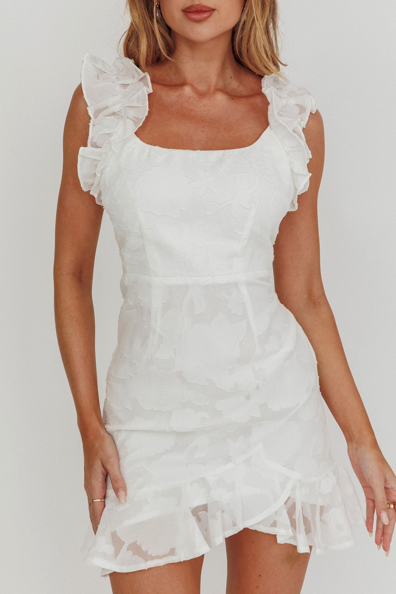 Annie Ruffle Shoulder Mini Dress White