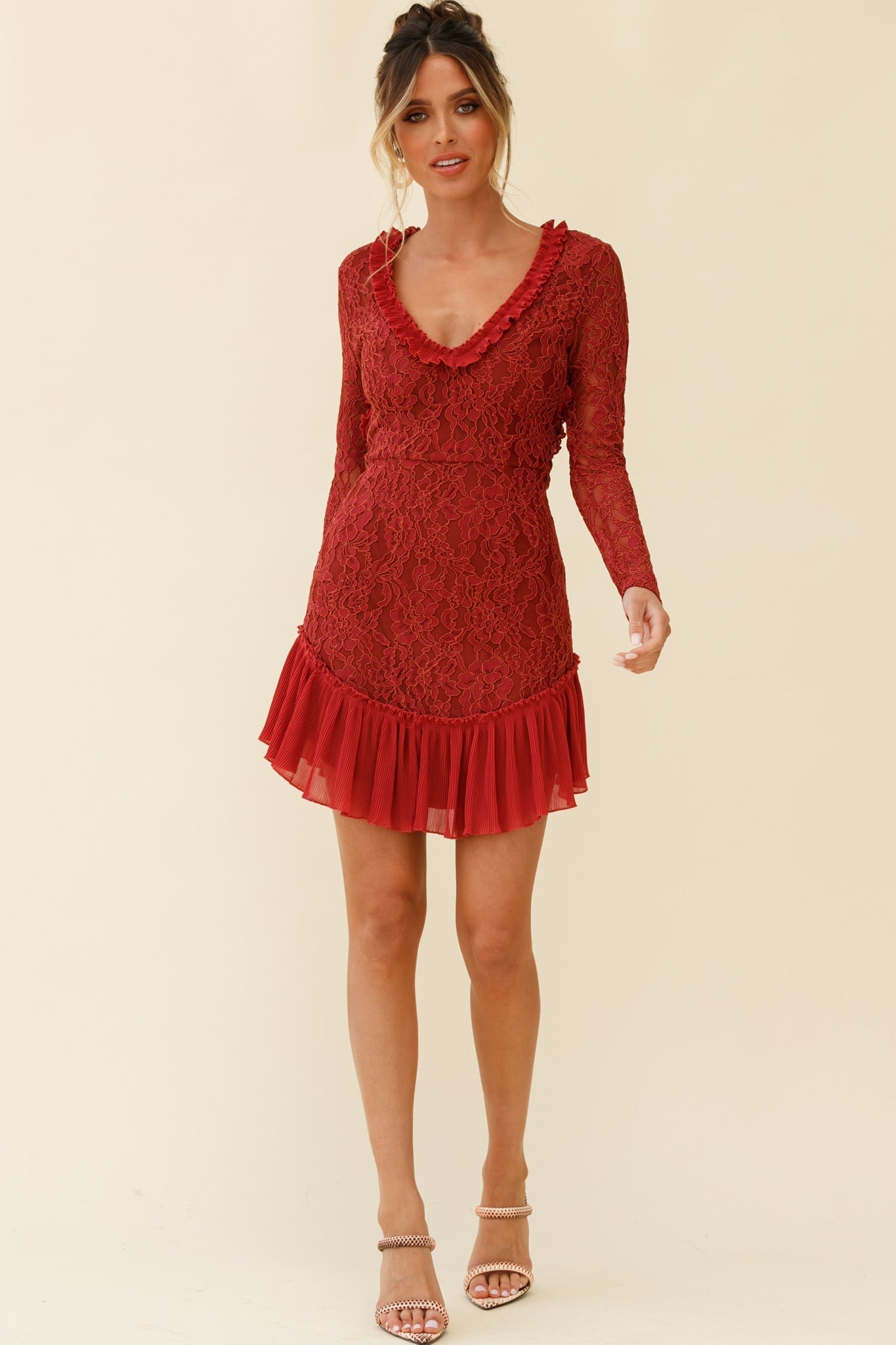 Isabella Long Sleeve Open Back Lace Dress Antique Rose