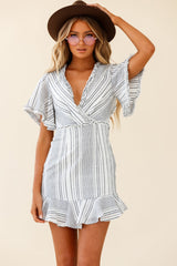 Ochre Open Back Bow Detail Dress Stripe Pattern White/Navy