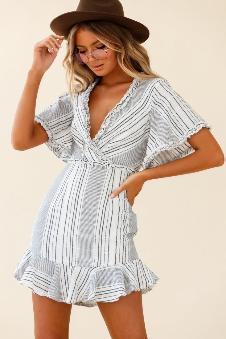 Ochre Open Back Bow Detail Dress Stripe Pattern White/Navy