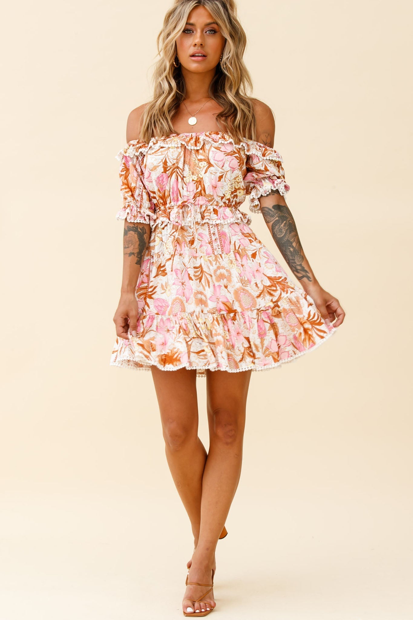 Sierra Bonita Off-Shoulder Drawstring Waist Dress Floral Print Pink Multi