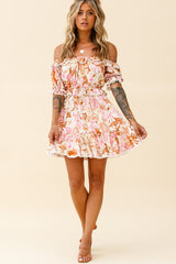 Sierra Bonita Off-Shoulder Drawstring Waist Dress Floral Print Pink Multi