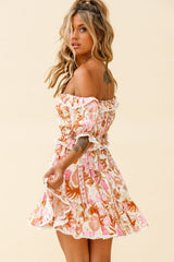 Sierra Bonita Off-Shoulder Drawstring Waist Dress Floral Print Pink Multi
