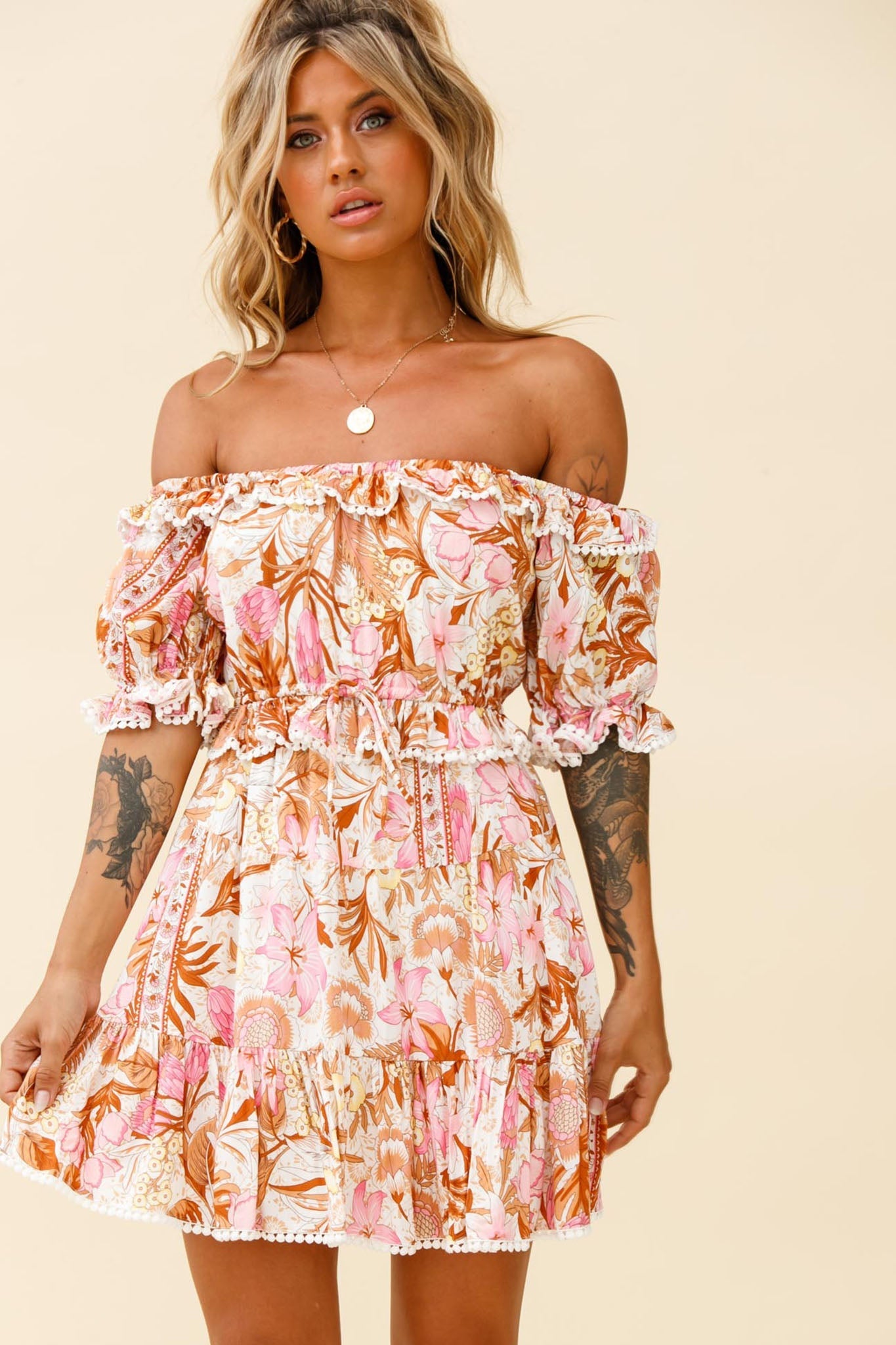 Sierra Bonita Off-Shoulder Drawstring Waist Dress Floral Print Pink Multi