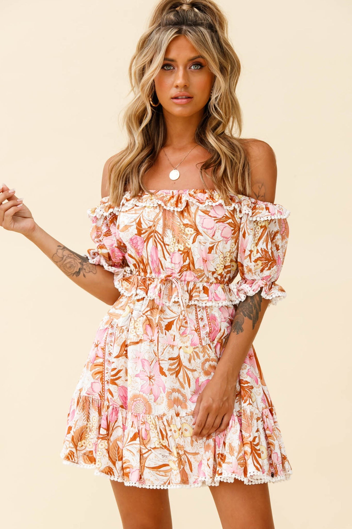 Sierra Bonita Off-Shoulder Drawstring Waist Dress Floral Print Pink Multi