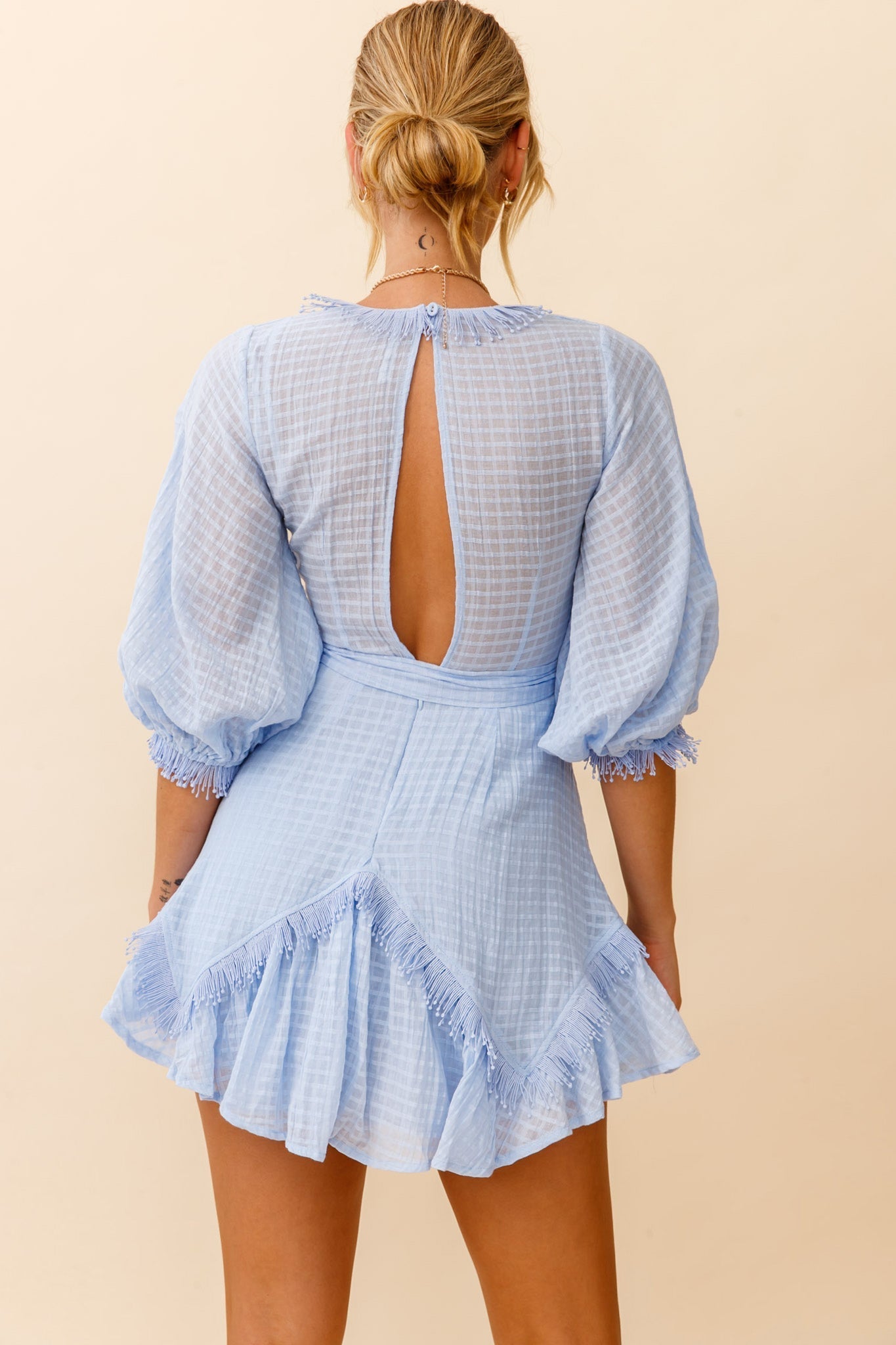 Flyin' Solo Fringe Trim Waist Tie Dress Steel Blue