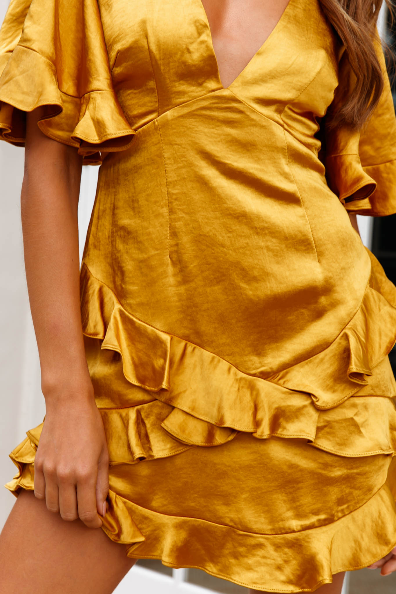 Miss Coco Angel Sleeve Ruffle Trim Dress Mustard