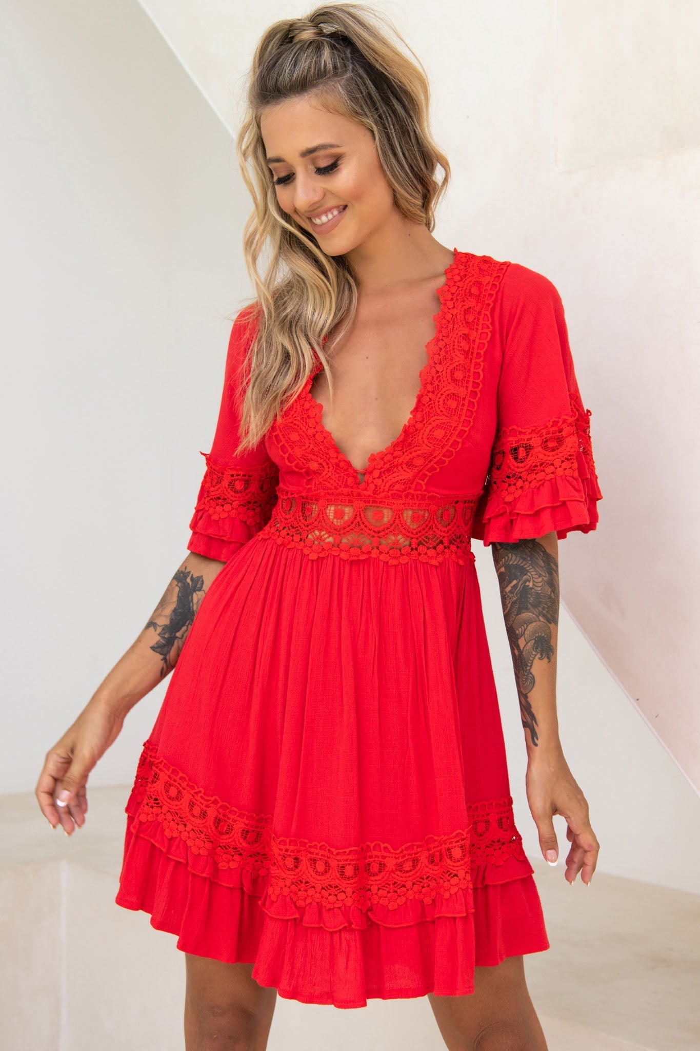 Kauai V-Neckline Crochet Lace Trim Dress Red