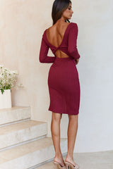 Merlin Long Sleeve Bodycon Knee Length Dress Wine