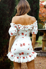 Morning Song Off-Shoulder Frill Trim Embroidery Dress Floral Print Red