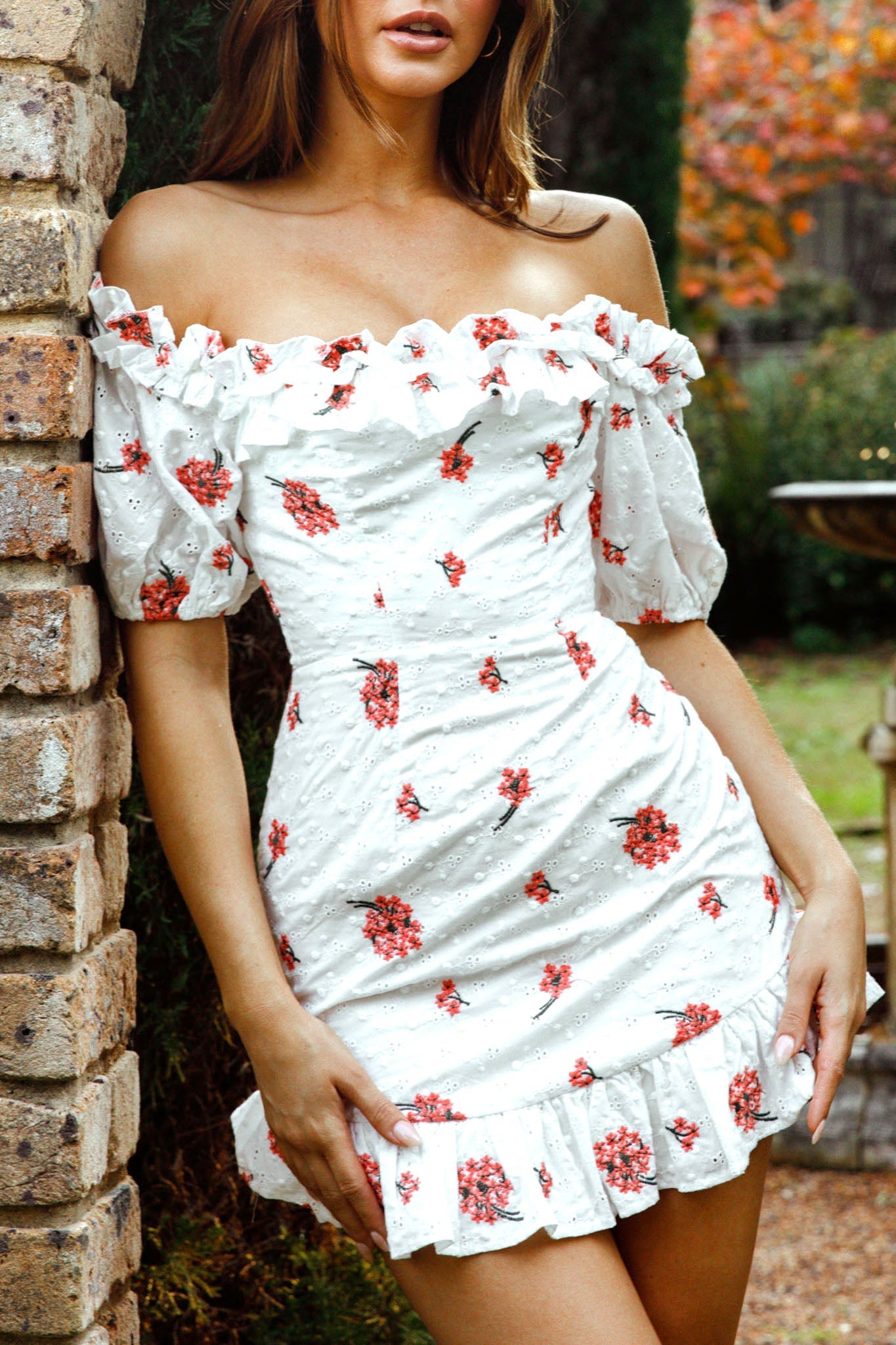 Morning Song Off-Shoulder Frill Trim Embroidery Dress Floral Print Red